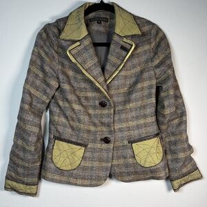 Shin Choi Plaid Blazer Golden Yellow Trim Wool Silk Blend Size 4
